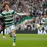 Celtic's Kyogo Furuhashi celebrates after making it 1-1 against St Mirren.  (Photo by Alan Harvey / SNS Group)