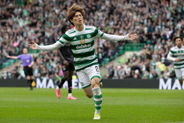 Celtic's Kyogo Furuhashi celebrates after making it 1-1 against St Mirren. (Photo by Alan Harvey / SNS Group)