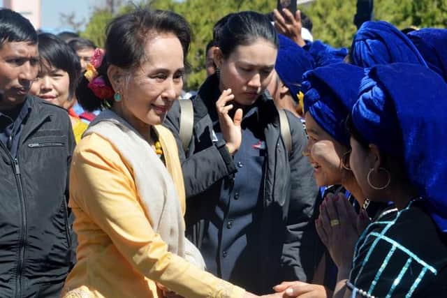 Aung San Suu Kyi pictured in February 2020 during a trip to Hehoe airport