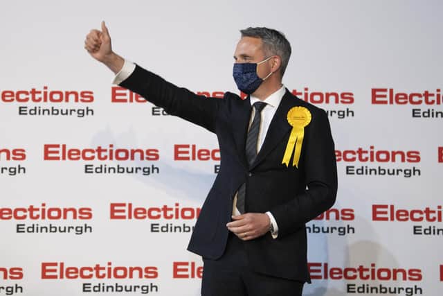 Liberal Democrat candidate Alex Cole-Hamilton celebrates after holding his Edinburgh Western seat (Picture: Lesley Martin/PA Wire)