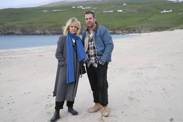 Ashley Jensen as DI Ruth Calder and Jamie Sives as Cal Innes in the new series of BBC crime drama Shetland. Pic: BBC Pictures