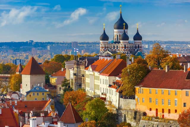 Aerial view old town, Tallinn, Estonia - stock photo
Toompea hill with tower Pikk Hermann and Russian Orthodox Alexander Nevsky Cathedral, view from the tower of St. Olaf church, Tallinn, Estonia