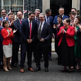 The Scottish Labour MPs outside Downing Street with Keir Starmer and Anas Sarwar after the general election victory