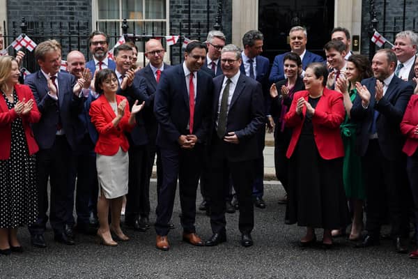 The Scottish Labour MPs outside Downing Street with Keir Starmer and Anas Sarwar after the general election victory