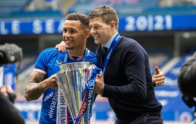 Rangers captain James Tavernier and manager Steven Gerrard with the Scottish Premiership trophy after a title win which means they will face just two qualifiers in their bid to reach the Champions League group stage next season. (Photo by Craig Williamson / SNS Group)