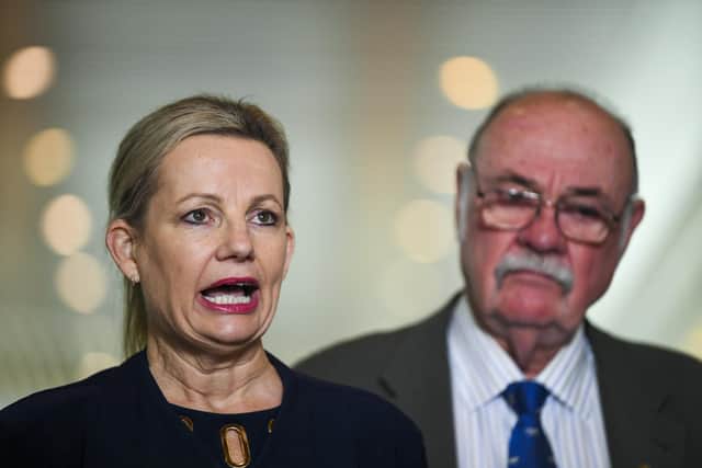 Australian environment minister Sussan Ley (left) speaks to the media during a press conference at Parliament House in Canberra. Picture: Lukas Coch/AAP via AP