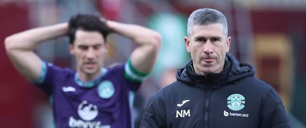 Hibs manager Nick Montgomery at full-time after the 1-1 draw at Motherwell that consigned Hibs to a bottom six finish. (Photo by Ross MacDonald / SNS Group)