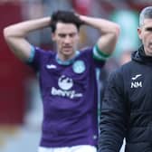 Hibs manager Nick Montgomery at full-time after the 1-1 draw at Motherwell that consigned Hibs to a bottom six finish. (Photo by Ross MacDonald / SNS Group)