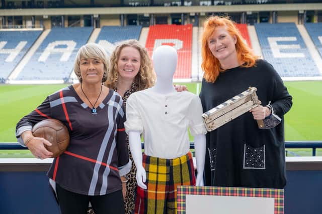 L-R Rose Reilly, Vivienne McLaren SWF, Eddi Reader launch the Rutherglen Ladies F.C exhibition at the Scottish Football Museum. Photo credit: Peter Devlin