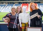 L-R Rose Reilly, Vivienne McLaren SWF, Eddi Reader launch the Rutherglen Ladies F.C exhibition at the Scottish Football Museum. Photo credit: Peter Devlin