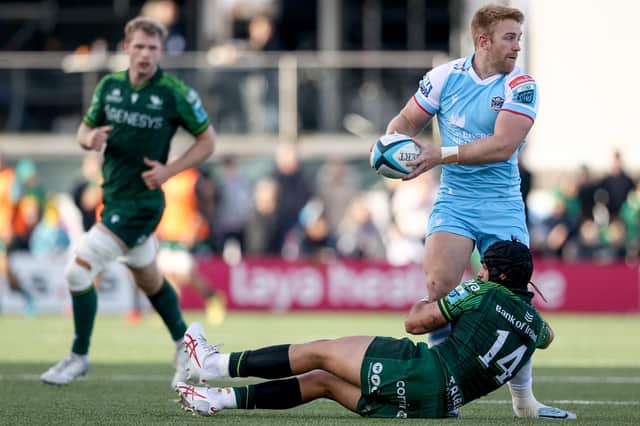Glasgow Warriors' Kyle Steyn was injured during the BKT United Rugby Championship match against Connacht in Galway on Saturday.  (Photo by Ben Brady/INPHO/Shutterstock)