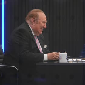 Andrew Neil prepares to broadcast from a studio during the launch event for new TV channel GB News