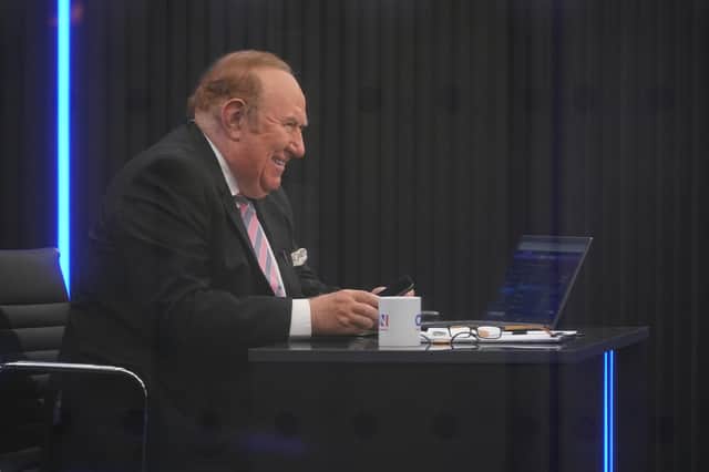 Andrew Neil prepares to broadcast from a studio during the launch event for new TV channel GB News