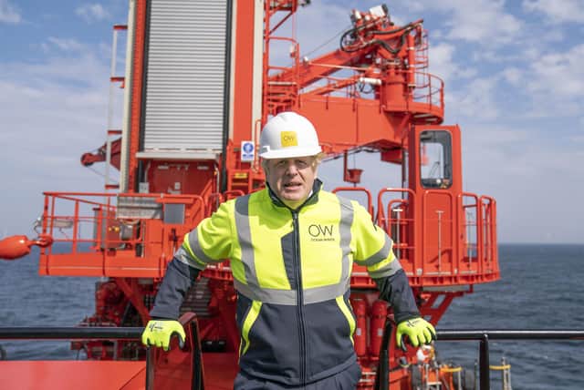 Prime Minister Boris Johnson onboard the Esvagt Alba during a visit to the Moray Offshore Windfarm East, off the Aberdeenshire coast.