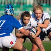 Scotland's Chloe Rollie and Megan Gaffney in action against Italy during the Women's Six Nations at Scotstoun. Picture: Ross MacDonald/SNS