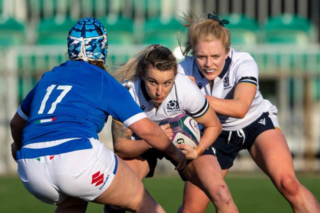 Scotland's Chloe Rollie and Megan Gaffney in action against Italy during the Women's Six Nations at Scotstoun. Picture: Ross MacDonald/SNS