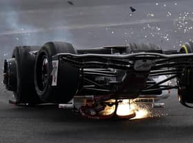 Alfa Romeo's Zhou Guanyu slides towards the barrier after a collision at the start of the race during the British Grand Prix 2022 at Silverstone, Towcester. Picture date: July 3, 2022.