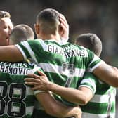 Celtic players celebrate their second goal in their 2-0 win over Hearts. (Photo by Rob Casey / SNS Group)