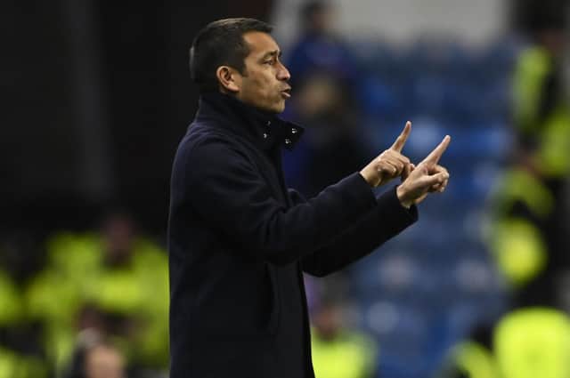 Rangers manager Giovanni van Bronckhorst reacts during a Premier Sports Cup match between Rangers and Dundee at Ibrox Stadium, on October 19, 2022, in Glasgow, Scotland.