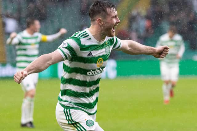 Celtic's Anthony Ralston celebrates scoring his second league goal in as many a cinch Premiership games in the 6-0 smashing of Dundee - with Ange Postecoglou acknowledging the previously little-regard full-back has taken his "opportunity and is thriving" (Photo by Craig Williamson / SNS Group)