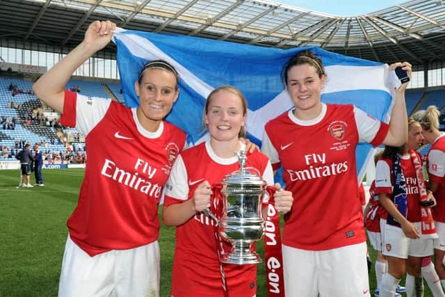 Beattie with fellow Scotland legends Julie Fleeting and Kim Little during her first spell at the club (Photo by David Price/Arsenal FC via Getty Images)