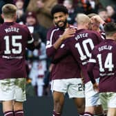 Ellis Simms celebrates scoring his first goal for Hearts in the 2-0 win over Motherwell. (Photo by Ewan Bootman / SNS Group)