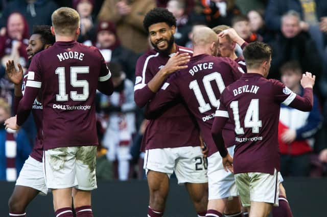 Ellis Simms celebrates scoring his first goal for Hearts in the 2-0 win over Motherwell. (Photo by Ewan Bootman / SNS Group)