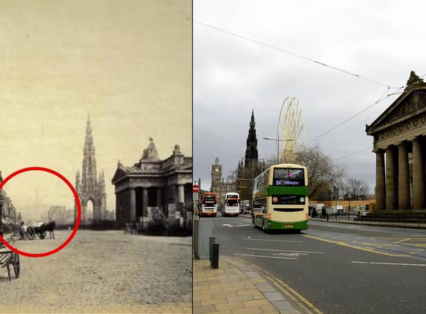 Unlike the horse-drawn carriages that once graced the cobbled paths of Princes Street, these days you will be faced with a slew of chaotic busses, cars and trams. What's unchanged though is the Scott Monument in the background which has stood tall since 1840.