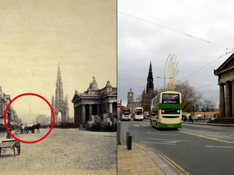 Unlike the horse-drawn carriages that once graced the cobbled paths of Princes Street, these days you will be faced with a slew of chaotic busses, cars and trams. What's unchanged though is the Scott Monument in the background which has stood tall since 1840.