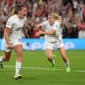 Ella Toone of England celebrates after scoring their team's first goal during the UEFA Women's Euro 2022 Quarter Final match between England and Spain at Brighton & Hove Community Stadium on July 20, 2022 in Brighton, England. (Photo by Mike Hewitt/Getty Images)