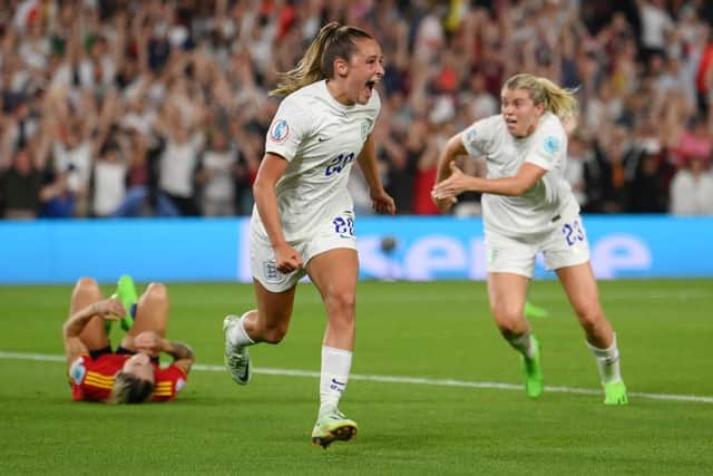 Ella Toone of England celebrates after scoring their team's first goal during the UEFA Women's Euro 2022 Quarter Final match between England and Spain at Brighton & Hove Community Stadium on July 20, 2022 in Brighton, England. (Photo by Mike Hewitt/Getty Images)