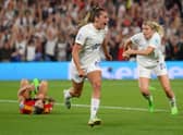 Ella Toone of England celebrates after scoring their team's first goal during the UEFA Women's Euro 2022 Quarter Final match between England and Spain at Brighton & Hove Community Stadium on July 20, 2022 in Brighton, England. (Photo by Mike Hewitt/Getty Images)