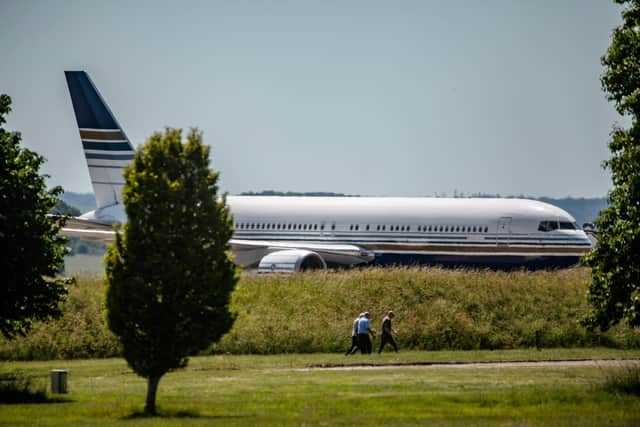 A plane standing-by at MOD Boscombe Down, Salisbury. A flight taking asylum seekers to Rwanda is believed to be leaving from a Westcountry RAF military aircraft testing site after a last-ditch legal bid to halt the controversial deportation policy failed. Picture: Adam Hughes/SWNS