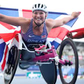 Sammi Kinghorn of Great Britain celebrates after winning the Women's 100m T53 Final at the Para Athletics World Championships Paris 2023 at Stade Charlety.