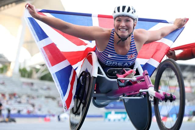 Sammi Kinghorn of Great Britain celebrates after winning the Women's 100m T53 Final at the Para Athletics World Championships Paris 2023 at Stade Charlety.