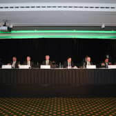 Celtic chairman Ian Bankier took centre stage at the top table for the club's 2021 annual general meeting in the Kerrydale Suite at Celtic Park on Wednesday. (Photo by Craig Williamson / SNS Group)