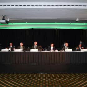 Celtic chairman Ian Bankier took centre stage at the top table for the club's 2021 annual general meeting in the Kerrydale Suite at Celtic Park on Wednesday. (Photo by Craig Williamson / SNS Group)