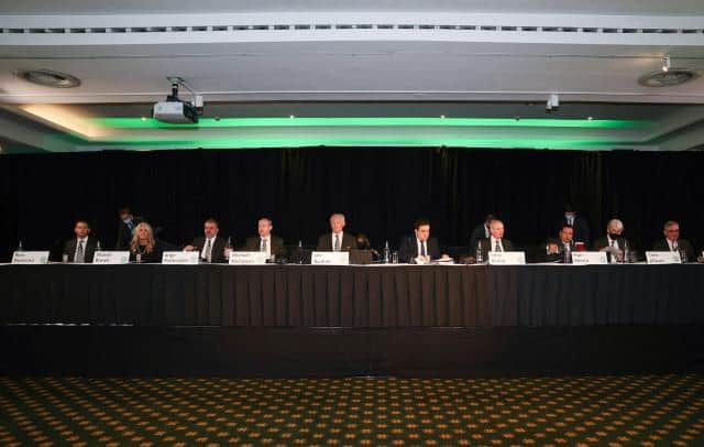 Celtic chairman Ian Bankier took centre stage at the top table for the club's 2021 annual general meeting in the Kerrydale Suite at Celtic Park on Wednesday. (Photo by Craig Williamson / SNS Group)