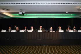 Celtic chairman Ian Bankier took centre stage at the top table for the club's 2021 annual general meeting in the Kerrydale Suite at Celtic Park on Wednesday. (Photo by Craig Williamson / SNS Group)