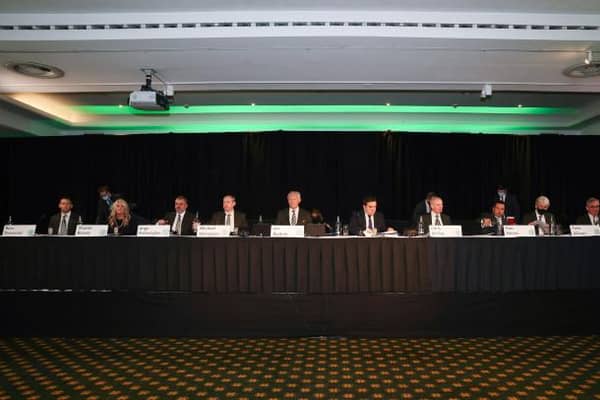 Celtic chairman Ian Bankier took centre stage at the top table for the club's 2021 annual general meeting in the Kerrydale Suite at Celtic Park on Wednesday. (Photo by Craig Williamson / SNS Group)