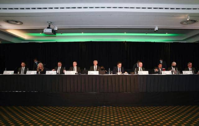 Celtic chairman Ian Bankier took centre stage at the top table for the club's 2021 annual general meeting in the Kerrydale Suite at Celtic Park on Wednesday. (Photo by Craig Williamson / SNS Group)