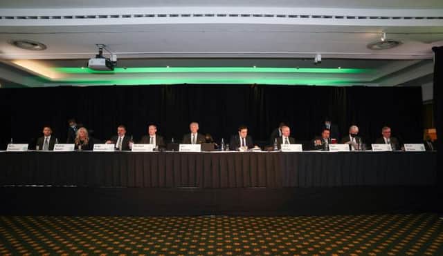 Celtic chairman Ian Bankier took centre stage at the top table for the club's 2021 annual general meeting in the Kerrydale Suite at Celtic Park on Wednesday. (Photo by Craig Williamson / SNS Group)