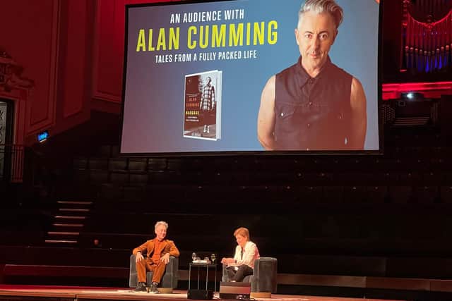 Alan Cumming and Nicola Sturgeon on stage at the Usher Hall in Edinburgh.