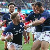 Kyle Steyn (left) celebrates his second and Scotland's fifth try in the win over Tonga at BT Murrayfield. (Photo by Craig Williamson / SNS Group)