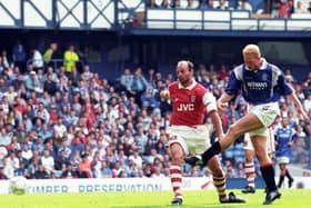 Jorg Albertz gets in front of Arsenal defender Steve Bould to score for Rangers in Richard Gough's testimonial match at Ibrox in 1996. (Photo by SNS Group).
