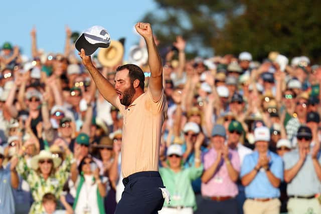 Scottie Scheffler celebrates on the 18th green after winning the 2024 Masters Tournament at Augusta National Golf Club. Picture: Andrew Redington/Getty Images.
