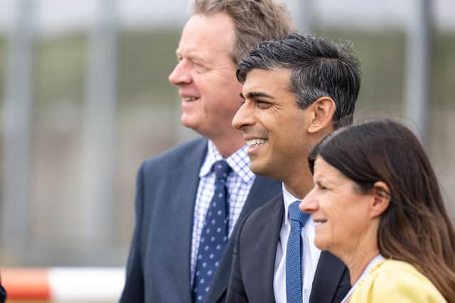 Prime Minister Rishi Sunak with Scottish Secretary Alister Jack and St Fergus's plant manager Kerry O'Neill during his visit to Peterhead. Image: Euan Duff/Getty Images.