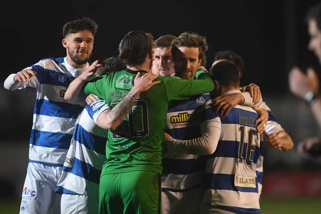 Morton celebrate a penalty-shootout victory over Dunfermline at Cappielow.