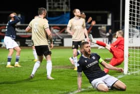 Dundee's Ryan Sweeney looks dejected after blazing the ball over the bar during the 0-0 draw with Cove Rangers.  (Photo by Mark Scates / SNS Group)