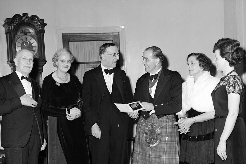 Mr and Mrs C Consland, Lord Milligan, Mr and Mrs H Hayhoe, and Mrs Irene Eivan at the Edinburgh Burns Club Burns Supper in the Carlton Hotel in 1963.